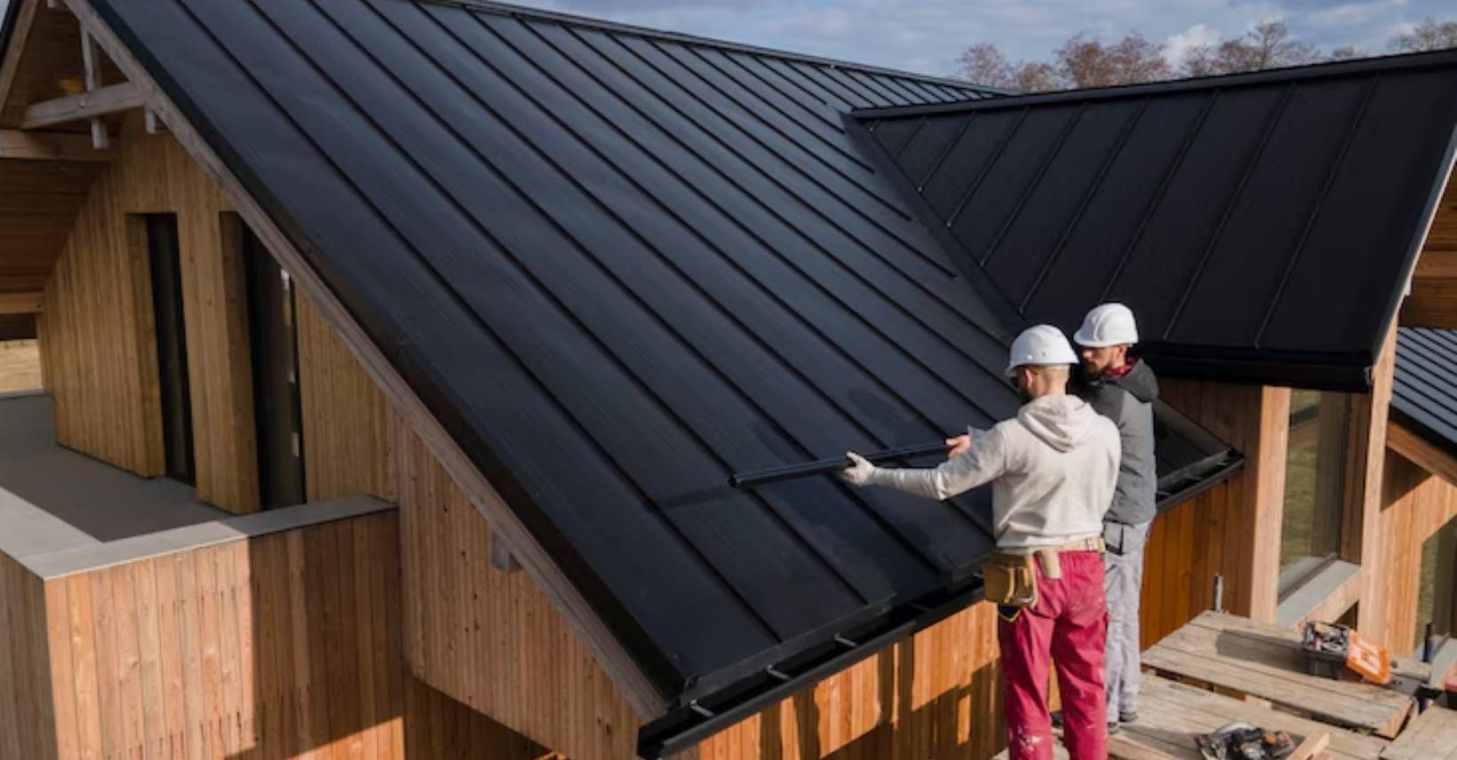A newly shingled residential roof against a clear sky